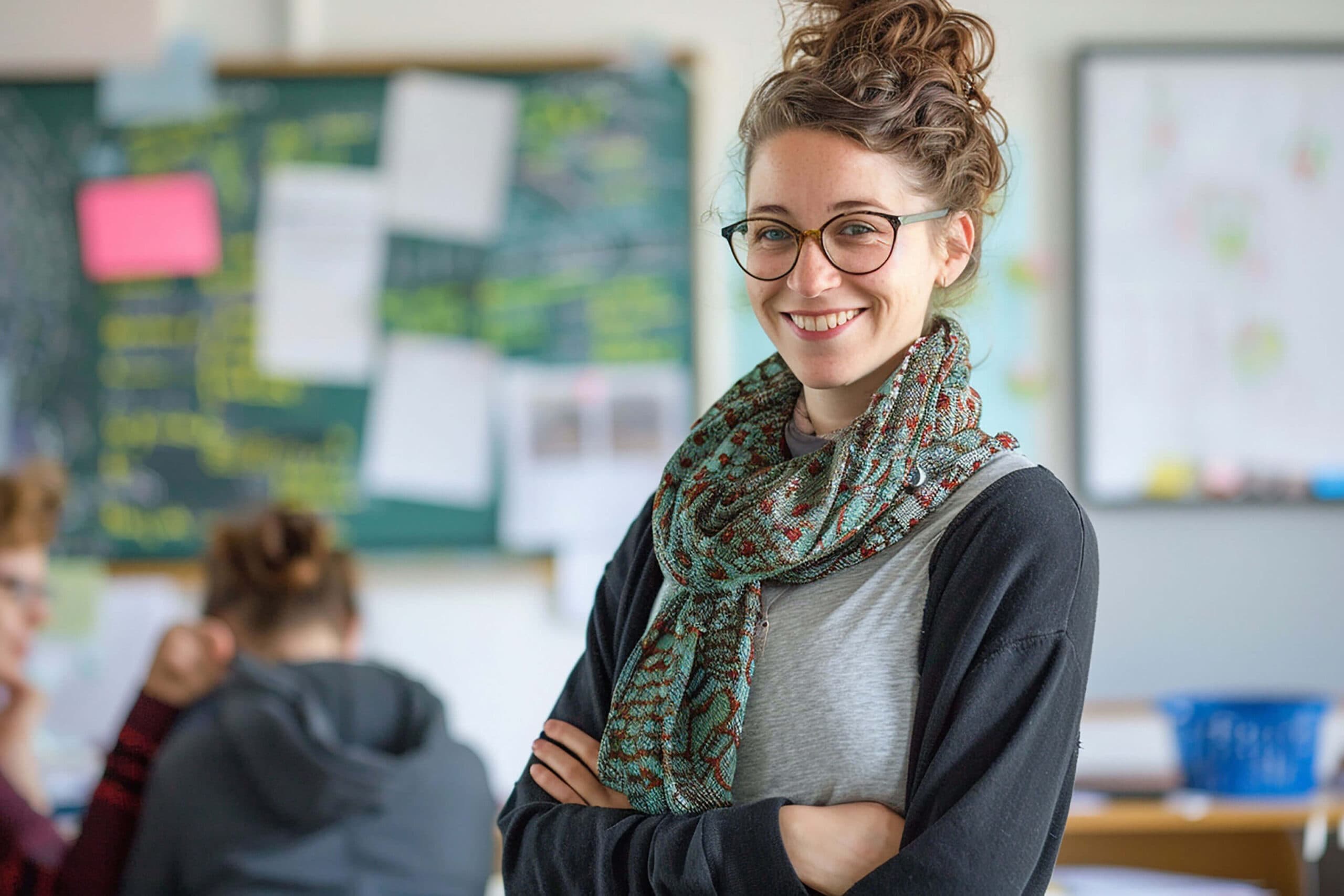 A smiling teacher in glasses standing in her classroom
