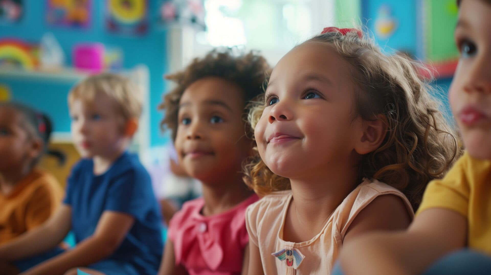 A girl smiling up at her teacher while sitting with classmates at circle time
