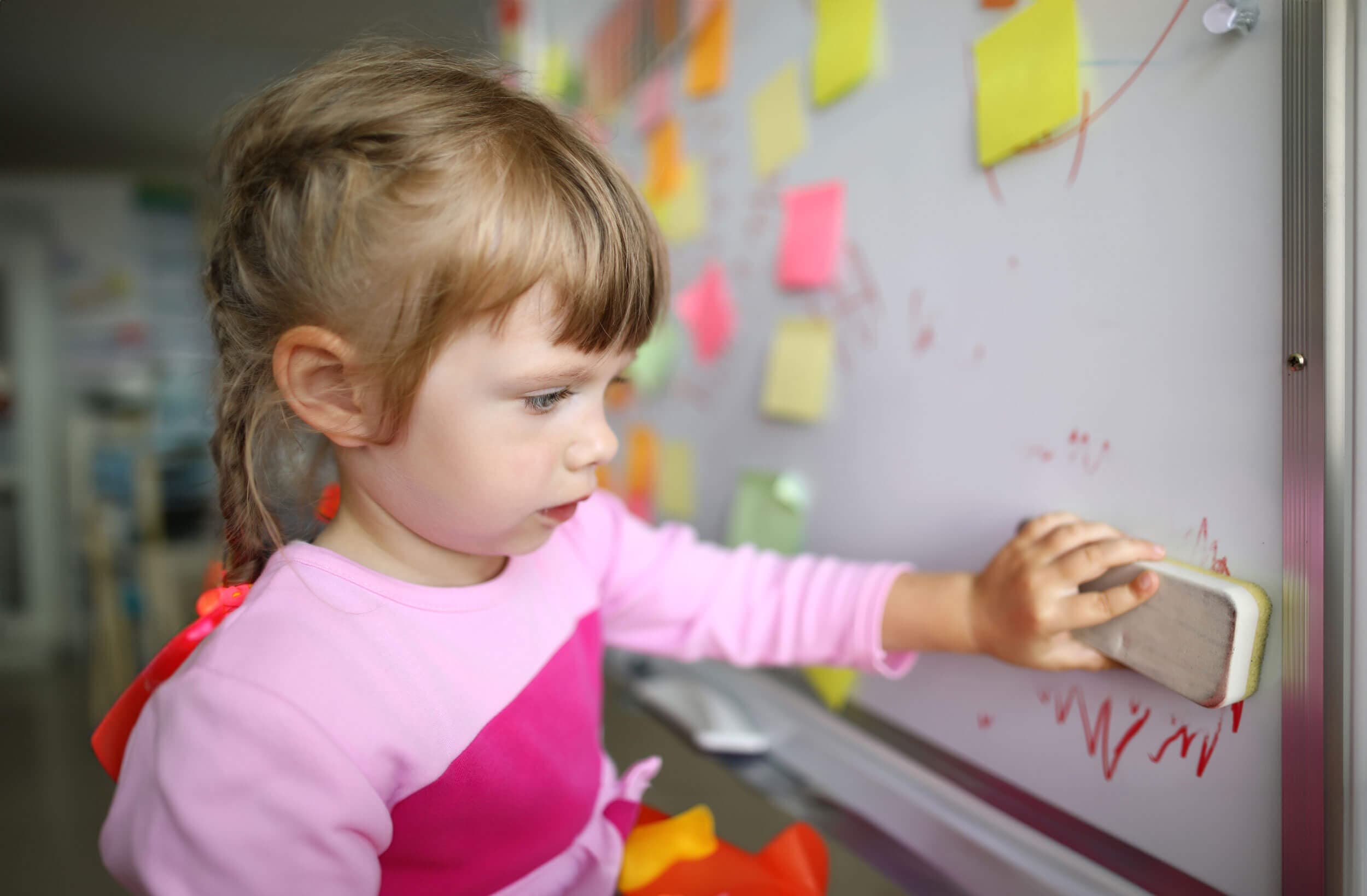 A girl wiping a whiteboard clean with a cloth