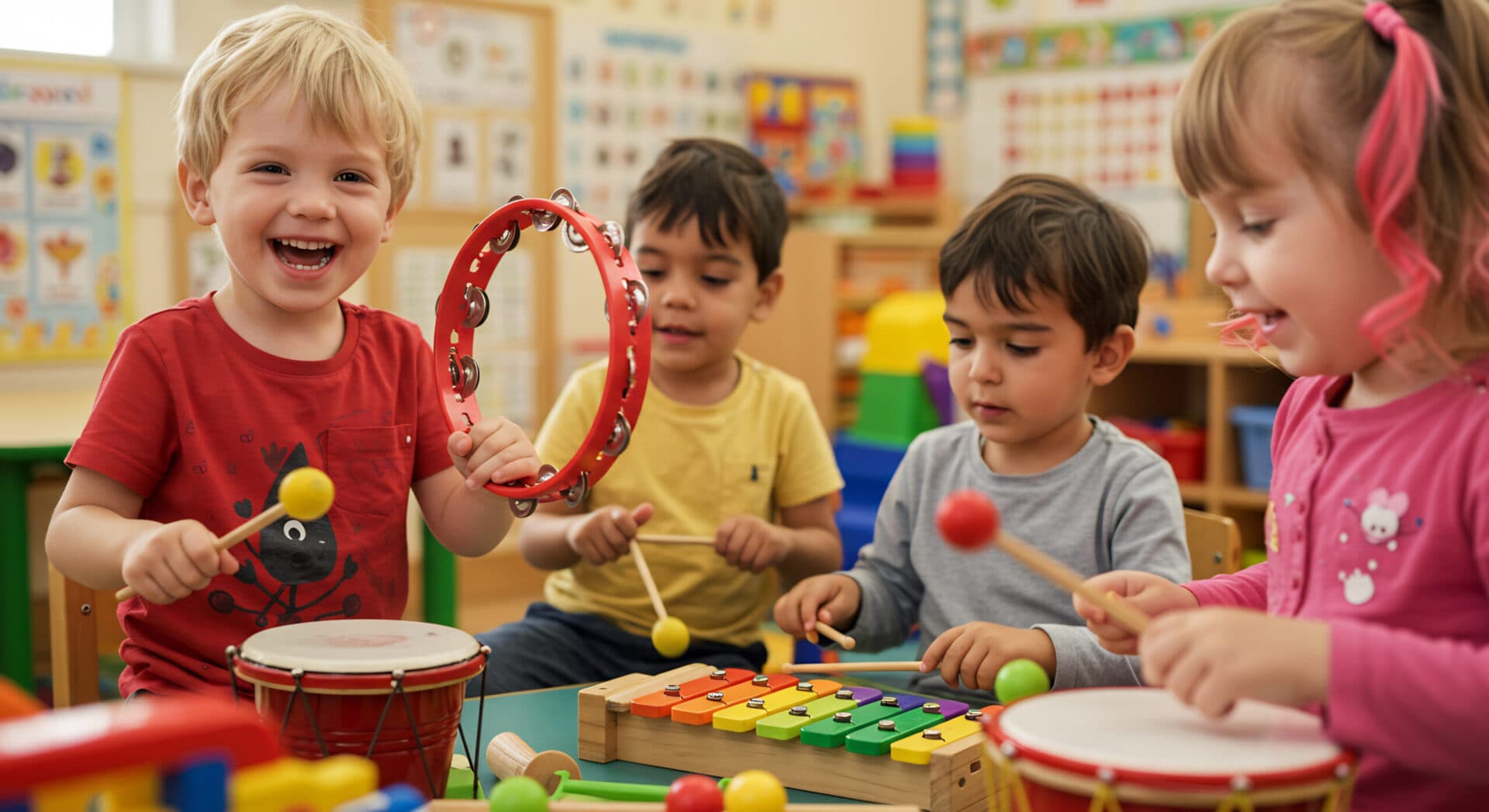 Four toddlers playing tambourines, drums and shakers together