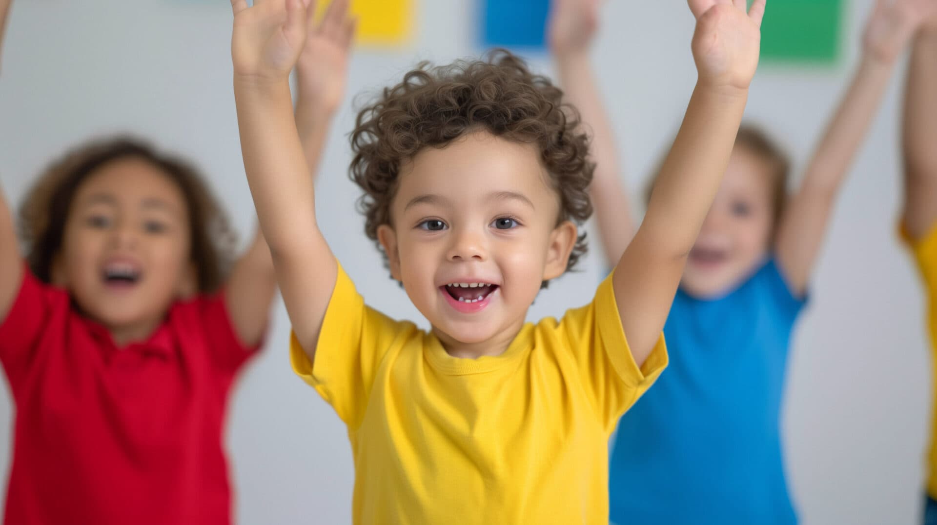 Three children cheering with their arms raised in the air
