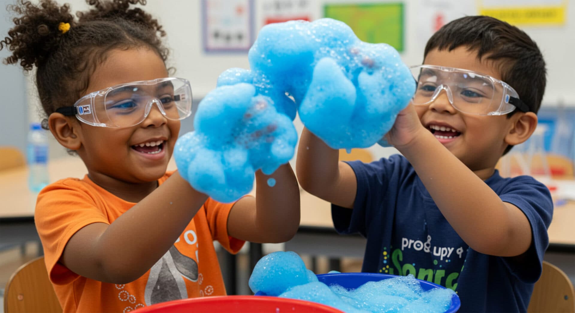 Two children in safety goggles holding up a handful of blue foam